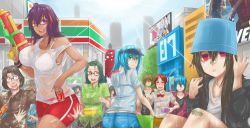 Rule 34 | 4girls, 7-eleven, ^^^, aqua hair, ass, bandaid, bandaid on face, bandaid on knee, bandaid on leg, bandaid on nose, bike shorts, black hair, blood, bra, breasts, butt crack, character request, coca-cola, cola (exaxuxer), dark skin, exaxuxer, facial hair, feather hair ornament, feathers, glasses, goatee, green eyes, gym shorts, hair ornament, highres, large breasts, long hair, multicolored hair, multiple boys, multiple girls, nosebleed, original, pinky out, product placement, red-framed eyewear, red eyes, see-through, semi-rimless eyewear, shirt, short ponytail, shorts, soft drink, strap slip, streaked hair, stubble, super soaker, thai text, under-rim eyewear, underwear, water, water gun, wet, wet clothes, wet shirt
