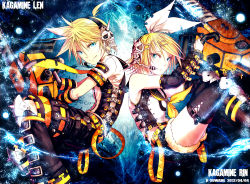 Rule 34 | 1boy, 1girl, artist name, bare shoulders, blonde hair, blue eyes, brother and sister, chainsaw, character name, dated, detached sleeves, headset, holding, k-suwabe, kagamine len, kagamine rin, siblings, smile, twins, vocaloid