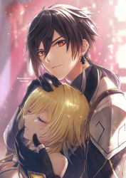 Rule 34 | 1boy, 1girl, absurdres, bare shoulders, black gloves, black hair, blonde hair, blurry, blurry background, blush, closed eyes, closed mouth, commentary request, earrings, genshin impact, gloves, hair between eyes, hand on another&#039;s head, hand up, highres, jewelry, lipstick, long hair, long sleeves, looking at viewer, lumine (genshin impact), makeup, open mouth, red eyes, shirt, sidelocks, twitter username, upper body, white shirt, yamaya aya, zhongli (genshin impact)