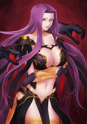 Rule 34 | 1girl, bare shoulders, breasts, cleavage, cowboy shot, dress, fate/grand order, fate (series), gorgon (fate), highres, hip vent, large breasts, lips, long hair, medusa (fate), medusa (rider) (fate), midriff, navel, parted lips, purple eyes, purple hair, red background, rider, scales, solo, square pupils, stomach, tail, very long hair