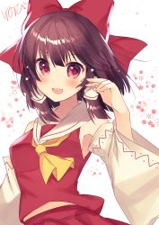Rule 34 | 1girl, :d, absurdres, artist name, ascot, bad hands, bare shoulders, bow, breasts, brown hair, commentary request, cowboy shot, detached sleeves, fang, hair bow, hair tubes, hakurei reimu, hand up, highres, long sleeves, looking at viewer, medium breasts, midriff peek, nenobi (nenorium), open mouth, red bow, red eyes, red skirt, short hair, sidelocks, signature, simple background, skirt, skirt set, smile, solo, star (symbol), touhou, translated, white background, wide sleeves, yellow ascot