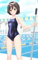 Rule 34 | 1girl, absurdres, black hair, black one-piece swimsuit, blue sky, cameltoe, cloud, commentary request, competition school swimsuit, cowboy shot, day, fantia commission, feet out of frame, grin, hairband, highres, kantai collection, lane line, looking at viewer, mop, one-piece swimsuit, outdoors, pool, school swimsuit, short hair, sky, smile, solo, string of flags, swimsuit, takafumi, tanikaze (kancolle), white hairband, yellow eyes