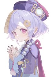 Rule 34 | 1girl, 750x077, alternate hair length, alternate hairstyle, bandaged hand, bandages, bead necklace, beads, black nails, closed mouth, coin hair ornament, dress, earrings, genshin impact, hair ornament, hands up, highres, interlocked fingers, jewelry, jiangshi, long sleeves, looking at viewer, looking to the side, necklace, ofuda, ofuda on head, own hands clasped, own hands together, purple dress, purple eyes, purple hair, purple headwear, qiqi (genshin impact), short hair, signature, solo, sparkle, stud earrings, talisman, tassel, upper body, vision (genshin impact), white background