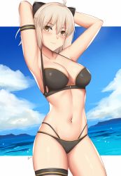 Rule 34 | 1girl, ahoge, arcie albano, armband, armpits, arms behind head, arms up, bare shoulders, beach, bikini, black bikini, black bow, blonde hair, blue sky, blush, bow, breasts, brown eyes, cleavage, closed mouth, collarbone, day, fate/grand order, fate (series), hair between eyes, hair bow, highres, looking at viewer, medium breasts, multi-strapped bikini, navel, ocean, okita j. souji (fate), okita j. souji (first ascension) (fate), okita souji (fate), okita souji (koha-ace), short hair, sky, smile, solo, swimsuit, thigh strap, thighs