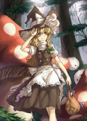 Rule 34 | 1girl, apron, bag, black dress, blonde hair, bow, braid, buttons, dress, forest, forest of magic, hand on headwear, hat, hat bow, highres, holding, holding bag, kedama (touhou), kirisame marisa, light smile, long hair, looking afar, looking to the side, mushroom, nature, outdoors, oversized object, short sleeves, side braid, single braid, soim, solo, sunlight, touhou, tree, waist apron, walking, wavy hair, witch hat, yellow eyes