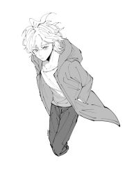 Rule 34 | 1boy, closed mouth, collarbone, cropped legs, danganronpa (series), danganronpa 2: goodbye despair, full body, greyscale, hands in pockets, hood, hood down, hoodie, jacket, komaeda nagito, long sleeves, looking at viewer, looking to the side, male focus, meipoi, messy hair, monochrome, open clothes, open jacket, pants, shirt, short hair, simple background, solo, standing, white background