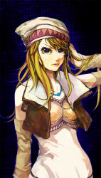 Rule 34 | 10s, 1girl, bare shoulders, beanie, blonde hair, brown eyes, detached sleeves, dress, female focus, gradient background, hand in own hair, hat, jewelry, karina lyle, long hair, necklace, solo, takuma (largetakumamover), tiger &amp; bunny, vest