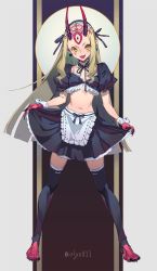 Rule 34 | 1boy, :d, alternate costume, apron, barefoot, black nails, black ribbon, black thighhighs, breasts, collarbone, colored skin, commentary, crop top, earrings, enmaided, facial mark, fangs, fate/grand order, fate (series), fingernails, frills, greyscale, hair ribbon, highres, horns, ibaraki douji (fate), jewelry, legs apart, long fingernails, maid, monochrome, nail polish, navel, olys, oni horns, open mouth, pointy ears, puffy short sleeves, puffy sleeves, red skin, ribbon, sharp fingernails, short sleeves, sidelocks, skin fangs, skirt hold, small breasts, smile, solo, standing, stirrup legwear, stomach, thighhighs, toeless legwear, twitter username, waist apron, whisker markings, white apron, wrist cuffs, zettai ryouiki