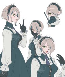 Rule 34 | 1girl, black dress, black gloves, blonde hair, breasts, covering own mouth, danganronpa (series), danganronpa v3: killing harmony, dress, gloves, green eyes, hair over one eye, hand up, large breasts, long sleeves, maid, maid headdress, multiple views, necktie, purple necktie, roneco, shirt, short hair, simple background, teeth, tojo kirumi, upper teeth only, white background, white shirt