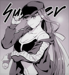 Rule 34 | 1girl, aoba (smartbeat), bare shoulders, bottle, breasts, cleavage, closed mouth, fate/grand order, fate (series), greyscale, hair ribbon, hat, jacket, large breasts, long hair, long sleeves, looking at viewer, martha (fate), monochrome, navel, off shoulder, one eye closed, open clothes, open jacket, ponytail, ribbon, smile, sweat, under the same sky, water bottle