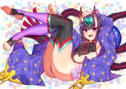 Rule 34 | 1girl, akirannu, ass, bare shoulders, black fundoshi, blush, breasts, chinese clothes, choker, detached sleeves, dudou, earrings, eyeliner, fangs, fate/grand order, fate (series), feet, forehead jewel, fundoshi, headpiece, heart, highres, horns, japanese clothes, jewelry, legs, legs up, looking at viewer, low twintails, makeup, oni, open mouth, pointy ears, purple eyes, purple hair, rope, sash, short eyebrows, short hair, short twintails, shuten douji (fate), shuten douji (fate/grand order), shuten douji (halloween caster) (fate), skin-covered horns, small breasts, smile, solo, star (symbol), star print, thighhighs, toeless legwear, toes, twintails, white background