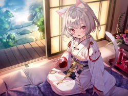 Rule 34 | 1girl, animal ear fluff, animal ears, asa no ha (pattern), bell, blush, cat ears, cat girl, cat tail, commentary request, copyright request, cushion, full body, highres, indoors, japanese clothes, jingle bell, kanda done, kimono, long sleeves, looking at viewer, obi, obiage, open door, open mouth, red eyes, rope, sash, seigaiha, seiza, shide, shimenawa, short hair with long locks, silver hair, sitting, sliding doors, smile, solo, tail, tail raised, tatami, white kimono, zabuton