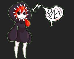 Rule 34 | 1girl, black background, black eyes, buttingston, colored skin, disgust, english text, female focus, full body, highres, khimera destroy all monster girls, long hair, looking at viewer, mimi, mimic, mimic (khimera), monster girl, red hair, simple background, solo, standing, sweater, white skin