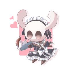 Rule 34 | 1other, apron, bow, commentary request, cup, dress, frilled dress, frills, highres, holding, holding plate, hollow knight, horns, knight (hollow knight), maid, maid apron, maid headdress, pink background, plate, simemugiko, simple background, solid oval eyes, spill, standing, tea, teacup, two-tone background, white background, white bow