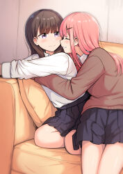 2girls absurdres betock blue_skirt blush bow bowtie brown_hair brown_sweater clenched_teeth closed_eyes commentary couch hair_behind_ear hair_ornament hairclip highres hug long_hair long_sleeves looking_at_another multiple_girls open_mouth original pink_hair pleated_skirt purple_eyes red_bow red_bowtie school_uniform shirt sidelocks sitting skirt sleeves_past_elbows sweater symbol-only_commentary teeth white_shirt yokozuwari yuri