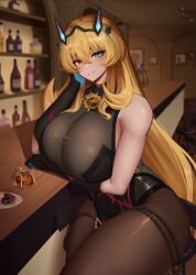 Rule 34 | 1girl, alcohol, armor, bar, bar (place), bar stool, bare shoulders, barghest (fate), barghest (second ascension) (fate), black dress, blonde hair, blue eyes, bottle, breasts, brown pantyhose, candy, chocolate, chocolate heart, cup, dress, drinking glass, fate/grand order, fate (series), gauntlets, heart, heterochromia, horns, huge breasts, long hair, looking at viewer, muscular, muscular female, pantyhose, pauldrons, pelvic curtain, red eyes, shoulder armor, single gauntlet, single pauldron, solo, stool, thighs, toned