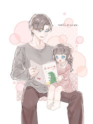 Rule 34 | 1boy, 1girl, artem wing (tears of themis), black hair, blue eyes, book, braid, brown pants, character request, dated, dress, feet out of frame, grey shirt, hand on another&#039;s head, highres, holding, holding book, if they mated, littletreeee, long hair, long sleeves, low twintails, no shoes, open mouth, pants, parted bangs, pink dress, polka dot, polka dot background, puffy long sleeves, puffy sleeves, shirt, sitting, sitting on leg, smile, socks, tears of themis, thick eyebrows, twin braids, twintails, white background, white shirt, white socks