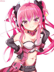 Rule 34 | 1girl, ahoge, animal ear headphones, bemani, breasts, cat ear headphones, cleavage, elbow gloves, fake animal ears, gloves, grace (sound voltex), hand on own hip, headphones, highres, igo (igo150), long hair, looking at viewer, navel, pink eyes, pink hair, small breasts, smile, solo, sound voltex, sparkle, twintails, white background