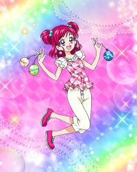 Rule 34 | 1girl, earrings, food-themed earrings, food themed earrings, frilled sleeves, frills, full body, highres, jewelry, long hair, official art, open mouth, pants, pink footwear, pink hair, precure, precure connection puzzlun, purple eyes, smile, solo, strawberry earrings, third-party source, two side up, white pants, yes! precure 5, yumehara nozomi