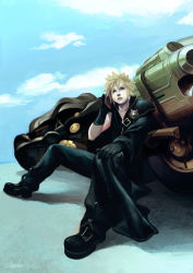 Rule 34 | 00s, 1990s (style), 1boy, absurdres, bad id, bad pixiv id, blonde hair, blue eyes, boots, cellphone, cloud strife, fenrir (vehicle), final fantasy, final fantasy vii, final fantasy vii advent children, full body, gloves, highres, jacket, male focus, motor vehicle, motorcycle, oni-wan, outdoors, phone, retro artstyle, short hair, signature, sitting, sky, solo, vehicle