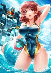 Rule 34 | 1girl, :o, aqua gm, arm behind head, arm support, ball (gundam), bare legs, bare shoulders, bodysuit, breasts, cloud, collarbone, commentary, competition swimsuit, covered navel, diving suit, eyebrows hidden by hair, gluteal fold, gundam, gundam lost war chronicles, highleg, highleg swimsuit, highres, lain, large breasts, mecha, multicolored eyes, noel anderson, ocean, one-piece swimsuit, open mouth, oyu udon, pointy breasts, red eyes, red hair, robot, short hair, skin tight, sky, solo, swimsuit, taut clothes, taut swimsuit, thick thighs, thighs, wading, wet, wetsuit, yellow eyes, zipper