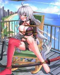 Rule 34 | 1girl, absurdres, ahoge, arms behind back, artoria pendragon (fate), ass, baseball cap, bdsm, beach, bikini, black bikini, black choker, black gloves, black jacket, bondage, bound, bound arms, bound wrists, breasts, choker, cloud, cropped jacket, crotch rope, day, fate/grand order, fate (series), gloves, hair between eyes, hat, highres, jacket, jeanne d&#039;arc alter (swimsuit berserker) (fate), jeanne d&#039;arc (fate), jeanne d&#039;arc alter (fate), jeanne d&#039;arc alter (swimsuit berserker) (fate), kuraudo, long hair, multiple boys, mysterious heroine xx (fate), o-ring, o-ring bikini, o-ring bottom, o-ring top, ocean, outdoors, palm tree, plant, red thighhighs, restrained, rope, shibari, shrug (clothing), single thighhigh, sitting, sky, solo focus, spread legs, spreader bar, swimsuit, thigh strap, thighhighs, tree, very long hair, white hair, yellow eyes