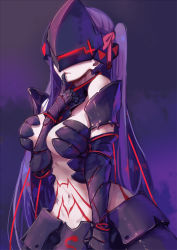 Rule 34 | 1girl, armor, berserker (fate/zero), berserker (fate/zero) (cosplay), between breasts, bikini armor, breasts, closed mouth, cosplay, covered eyes, crack, fate/kaleid liner prisma illya, fate (series), faulds, finger to mouth, gauntlets, gorget, hair ribbon, hfp~kubiao, highres, long hair, looking at viewer, mask, matou sakura, medium breasts, navel, purple background, purple hair, purple theme, red lips, red ribbon, ribbon, solo, spoilers, stomach, tattoo, upper body