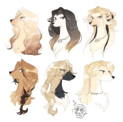 Rule 34 | 1boy, 1girl, afghan hound, androgynous, black eyes, black fur, black hair, blonde hair, body fur, braid, brown eyes, brown fur, brown hair, chibi, chibi inset, closed mouth, commentary request, gradient hair, highres, jewelry, long hair, looking at viewer, looking to the side, low ponytail, multicolored hair, multiple views, necklace, open mouth, original, ponytail, portrait, rata (norahasu), red eyes, side braid, simple background, single braid, streaked hair, tongue, tongue out, wavy hair, white background, white fur