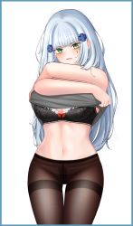 Rule 34 | 1girl, absurdres, alternate costume, black bra, black panties, black pantyhose, blue border, blue hair, blush, border, bow, bow bra, bra, breasts, clothes lift, crossed arms, feet out of frame, girls&#039; frontline, green eyes, grey shirt, hair ornament, hairclip, highres, hk416 (girls&#039; frontline), long hair, looking at viewer, medium breasts, navel, open mouth, paaam, panties, panties under pantyhose, pantyhose, red bow, shirt, shirt lift, solo, standing, teardrop facial mark, teardrop tattoo, underwear, white background