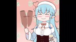 Rule 34 | 1girl, ahoge, animated, audible music, audible speech, bare shoulders, beer can, beret, blouse, blue hair, blush, bottle, bow, bowtie, braid, breasts, buttons, can, cleavage cutout, closed eyes, clothing cutout, coat, corset, drink can, drunk, flower, french braid, gradient background, hair flower, hair ornament, half updo, hat, heart, heart ahoge, holding, holding bottle, holding can, hololive, ievan polkka (vocaloid), leekspin (meme), long hair, looping animation, medium breasts, meme, multicolored hair, open clothes, open coat, parody, pillarboxed, pink background, pointy ears, purin a la mode (popup), shirt, sidelocks, smile, solo, sound, spinning, streaked hair, strong zero, video, virtual youtuber, vocaloid, white shirt, wide sleeves, yukihana lamy