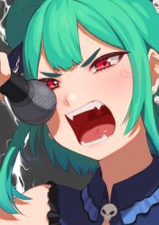Rule 34 | 1girl, absurdres, anger vein, close-up, commentary, earrings, english commentary, fangs, green hair, hair bun, highres, hololive, jewelry, microphone, music, open mouth, portrait, red eyes, short hair, singing, single hair bun, skull earrings, solo, sunna (nilsunna), uruha rushia, uruha rushia (1st costume), uvula, virtual youtuber