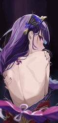 Rule 34 | 1girl, absurdres, back, back focus, back tattoo, bad id, bad pixiv id, bare shoulders, blurry, blurry foreground, blush, braid, commentary request, depth of field, fingernails, flower, from behind, genshin impact, glint, hair flower, hair ornament, hand on own shoulder, highres, japanese clothes, kimono, kimono pull, long hair, looking at viewer, looking back, low-braided long hair, low-tied long hair, lull 19, mitsudomoe (shape), mole, mole under eye, nail polish, purple eyes, purple flower, purple hair, purple kimono, purple nails, raiden shogun, shoulder blades, solo, standing, tattoo, tomoe (symbol)