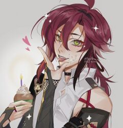 Rule 34 | 1boy, :p, ahoge, armor, bare shoulders, black choker, black gloves, black hairband, candle, choker, cupcake, eyelashes, fingerless gloves, food, food on face, genshin impact, ggelus, gloves, green eyes, hair between eyes, hairband, hand up, heart, highres, holding, holding food, japanese armor, kote, long hair, looking at viewer, low ponytail, male focus, mole, mole under each eye, mole under eye, multiple moles, ponytail, red hair, shikanoin heizou, shirt, simple background, sleeveless, sleeveless shirt, smile, solo, sparkle, tongue, tongue out, upper body