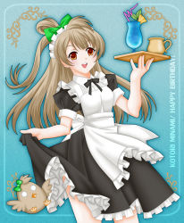 Rule 34 | 1girl, apron, aqua background, artist name, artist request, black ribbon, blush, bow, brown eyes, brown hair, cafe maid (love live!), cup, dress, drinking glass, drinking straw, female focus, frilled apron, frills, green bow, hair bow, highres, holding, holding clothes, holding plate, holding skirt, leonard liew, light brown hair, long hair, looking at viewer, love live!, love live! school idol festival, love live! school idol festival all stars, love live! school idol project, maid, maid apron, maid headdress, minami kotori, minami kotori (bird), neck ribbon, necktie, plate, ribbon, short sleeves, skirt, smile, solo, teacup, white background, yellow eyes