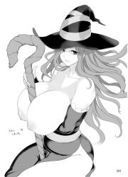 Rule 34 | 1girl, absurdres, belly, between breasts, breast hold, breasts, cleavage, dragon&#039;s crown, greyscale, hat, highres, huge breasts, long hair, meme50, monochrome, navel, nipples, simple background, smile, solo, sorceress (dragon&#039;s crown), staff, topless, translation request, white background, wide hips, witch hat