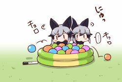 Rule 34 | 10s, 1girl, animal ears, ball pit, black hair, blush, bow, bowtie, chibi, fox ears, fox tail, grass, kemono friends, kemono friends pavilion, long hair, marker, multicolored hair, playground equipment (kemono friends pavilion), silver fox (kemono friends), silver hair, simple background, solo, tail, tanaka kusao, wading pool, white background