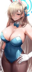 Rule 34 | 1girl, animal ears, asuna (blue archive), asuna (bunny) (blue archive), bare shoulders, blue archive, blue bow, blue bowtie, blue halo, blue leotard, blue ribbon, blush, bow, bowtie, breasts, brown pantyhose, cleavage, clenched teeth, commentary, cowboy shot, detached collar, doyoon 7, elbow gloves, fake animal ears, gloves, hair over one eye, hair ribbon, halo, hand on own hip, highres, large breasts, leotard, light brown hair, long hair, mole, mole on breast, pantyhose, playboy bunny, rabbit ears, ribbon, simple background, sleeveless, smile, solo, standing, teeth, thighs, white background