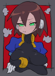Rule 34 | 1girl, absurdres, aile (mega man zx), black bodysuit, blue jacket, bodysuit, bodysuit under clothes, breasts, brown hair, buzzlyears, cropped jacket, crossed arms, green eyes, highres, jacket, large breasts, looking to the side, mega man (series), mega man zx, open clothes, open jacket, pout, short hair, solo