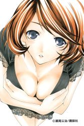 Rule 34 | 1girl, blouse, bob cut, breasts squeezed together, breasts, brown hair, cleavage, eyelashes, fingernails, grey eyes, hands on own chest, highres, hoshina miyu, kimi no iru machi, large breasts, looking at viewer, official art, open mouth, painting (medium), pursed lips, seo kouji, shirt, short hair, simple background, traditional media, watercolor (medium)