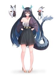Rule 34 | 1girl, absurdres, alien adviser, blue eyes, blue hair, blush, breasts, cleavage, commission, dark blue hair, dragon, dragon girl, dragon horns, dragon tail, dress, flower, hair flower, hair ornament, hands on own hips, high heels, highres, horns, jewelry, large breasts, last origin, long hair, looking at viewer, mini dragon, multicolored hair, necklace, oberonia rhea, off shoulder, short dress, simple background, smile, tail, two-tone hair, very long hair, white background
