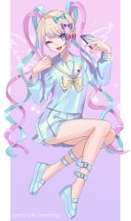Rule 34 | 1girl, ;d, absurdres, blonde hair, blue bow, blue eyes, blue footwear, blue hair, blue nails, blue shirt, blue skirt, blunt bangs, bow, cellphone, chouzetsusaikawa tenshi-chan, copyright name, drawn wings, eyeshadow, full body, gradient hair, hair bow, hair ornament, hands up, heart, heart hair ornament, highres, holding, holding phone, holographic clothing, invisible chair, long hair, long sleeves, looking at viewer, makeup, multicolored hair, multicolored nails, nail polish, needy girl overdose, one eye closed, open mouth, phone, pink bow, pink eyeshadow, pink hair, pink nails, platform footwear, pleated skirt, purple bow, purple hair, quad tails, sailor collar, school uniform, serafuku, shirt, shoes, sitting, skirt, smartphone, smile, solo, twintails, very long hair, wayon154, yellow bow, yellow nails