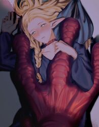 Rule 34 | 2girls, blonde hair, blue capelet, blue dress, blush, braid, capelet, choker, dragon, dragon girl, dress, dungeon meshi, elf, falin thorden (chimera), held down, highres, holding, long hair, long sleeves, looking at viewer, marcille donato, mmh nom, monster girl, multiple girls, pointy ears, red choker, restrained, simple background, solo focus