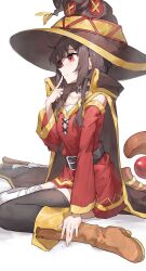 Rule 34 | 1girl, absurdres, boots, brown hair, button eyes, buttons, cape, hat, highres, kono subarashii sekai ni shukufuku wo!, medium hair, megumin, red eyes, sentter, simple background, smile, solo, white hat, witch hat