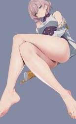 Rule 34 | 1girl, ass, bare shoulders, barefoot, blue eyes, blurry, breasts, buttons, coat, corset, crossed legs, depth of field, feet, foreshortening, grey background, gridman universe, hair between eyes, head tilt, highres, lab coat, large breasts, leotard, light brown hair, looking at viewer, mujina, necktie, off shoulder, purple leotard, purple necktie, short shorts, shorts, simple background, sitting, solo, ssss.dynazenon, thighs, underbust, white coat, yd (orange maru)
