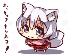 Rule 34 | 1girl, animal ear fluff, animal ears, barefoot, blush stickers, chibi, closed mouth, fox ears, fox girl, fox tail, grey eyes, hair between eyes, leaning forward, long sleeves, looking at viewer, original, pink scarf, plaid, plaid scarf, scarf, short hair, silver hair, smile, solo, standing, tail, translation request, white background, yuuji (yukimimi)