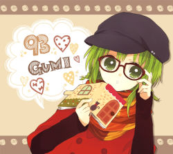 Rule 34 | 1girl, :o, adjusting eyewear, alternate hairstyle, anzu (o6v6o), black-framed eyewear, black hat, book, braid, brown background, cabbie hat, casual, character name, coat, glasses, gumi, hat, heart, holding, holding book, layered sleeves, long sleeves, looking at viewer, open book, orange scarf, red coat, scarf, short hair with long locks, short over long sleeves, short sleeves, solo, twin braids, upper body, vocaloid
