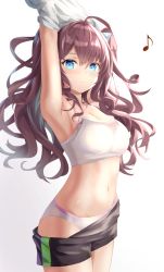 Rule 34 | 1girl, :3, absurdres, ahoge, armpits, arms up, bad id, bad pixiv id, black shorts, blue eyes, breasts, brown hair, cleavage, closed mouth, clothes lift, clothes pull, cowboy shot, gradient background, grey background, groin, hair between eyes, hamstarhand, highres, ichinose shiki, idolmaster, idolmaster cinderella girls, light blush, long hair, looking at viewer, medium breasts, messy hair, musical note, navel, panties, quarter note, shirt, shirt lift, short shorts, shorts, shorts pull, smile, solo, sports bra, standing, stomach, sweat, underwear, undressing, wavy hair, white background, white panties, white shirt, white sports bra