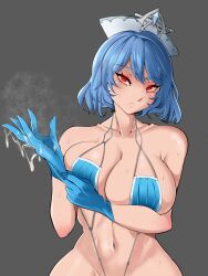 Rule 34 | 1girl, absurdres, arm under breasts, bikini, blue bikini, blue eyebrows, blue gloves, blue hair, breasts, cum, cum on gloves, cum on hand, cum on hands, curvy, glove pull, gloves, grey background, groin, hat, highres, huge breasts, large breasts, last origin, leon kunisagi, looking at viewer, navel, red eyes, rubber gloves, short hair, simple background, solo, steam, stomach, sweat, swimsuit, titania frost, upper body, wide hips