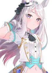 Rule 34 | 1girl, animal ears, arm behind head, ascot, black ascot, blue hair, blush, breasts, clothing cutout, commentary request, cropped jacket, eyes visible through hair, gloves, gradient hair, hat, highres, horse ears, horse girl, jacket, long hair, looking at viewer, mejiro mcqueen (end of sky) (umamusume), mejiro mcqueen (umamusume), mini hat, mini top hat, multicolored hair, navel, navel cutout, official alternate costume, purple eyes, purple hair, shirt, sho (runatic moon), short sleeves, small breasts, solo, top hat, umamusume, white gloves, white hair, white hat, white jacket, white shirt