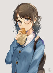 Rule 34 | 1girl, absurdres, backpack, bad id, bad pixiv id, bag, blue cardigan, blue eyes, blue necktie, blush, braid, brown hair, cardigan, collared shirt, dress shirt, eating, food, food in mouth, glasses, grey background, hand up, highres, hisao 0111, holding, holding food, long sleeves, looking at viewer, necktie, original, school uniform, shirt, short hair, signature, simple background, solo, taiyaki, wagashi, white shirt